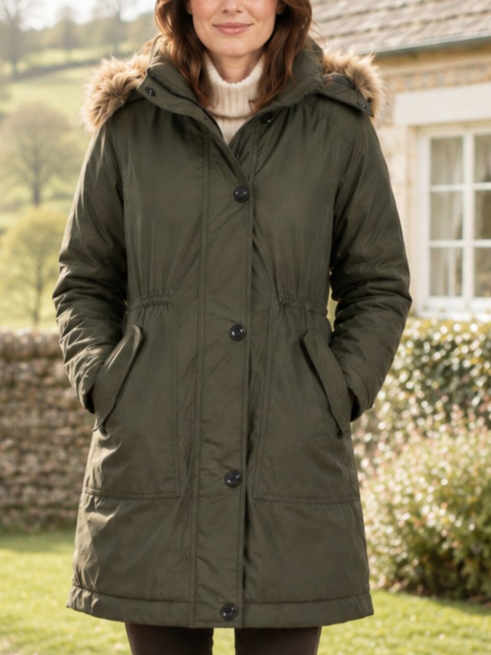 Banana Republic Parka Jacket Small Green Faux Fur Winter Coat Water Resitant